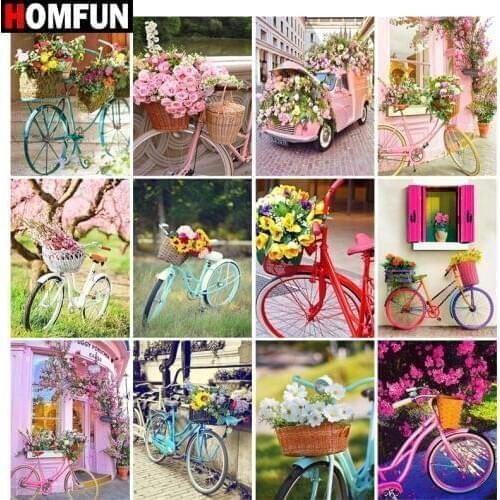 HOMFUN Diamond Painting Full Square/Round Drill 5D DIY "Bicycle flower scenery" Daimond Embroidery Rhinestone Cross Stitch Decor