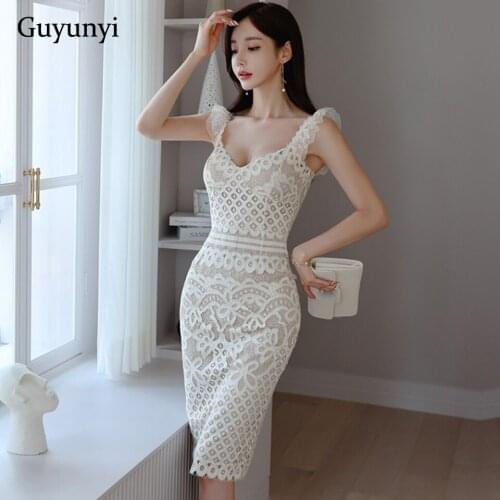 White Elegant Party Dress 2021 Summer High Waist Tight Sleeveless Suspenders Decorated With Ruffles Sexy Club Lace Dress Women