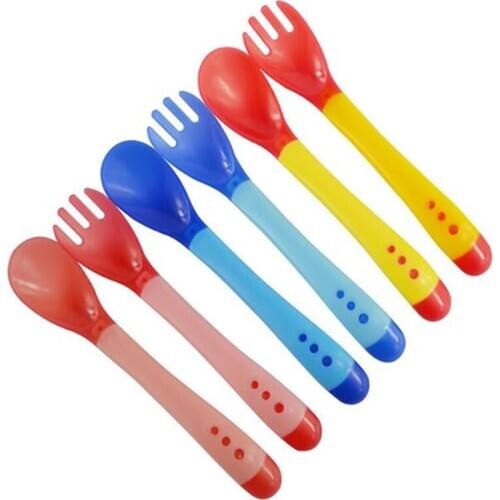 Baby temperature sensing spoon and fork, safe silicone feeding tableware baby feeding utensils feeding spoon tableware