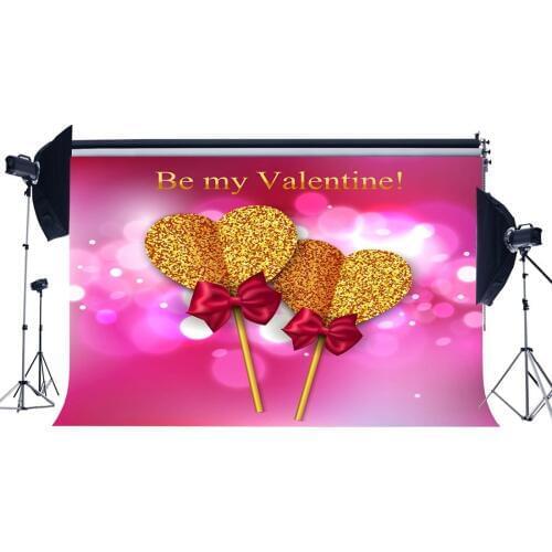 Valentines Day Backdrop Golden Sweet Hearts Bokeh Halos Glitter Sequins Red Bowknot Photography Background