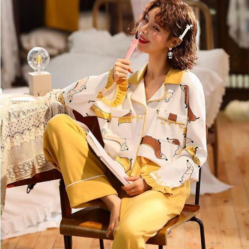 Jinsen Aite Cotton Long Sleeve Pajamas Sets Women New Sweet Lovely Cartoon Sleepwear Plus Size Spring Autumn Nightwear JS828