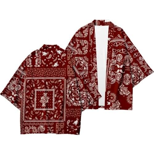 Men Haori Samurai Kimono Yukata Tops Pants Set Traditional Clothes Men Red Print Cardigan Japanese Obi Loose Casual