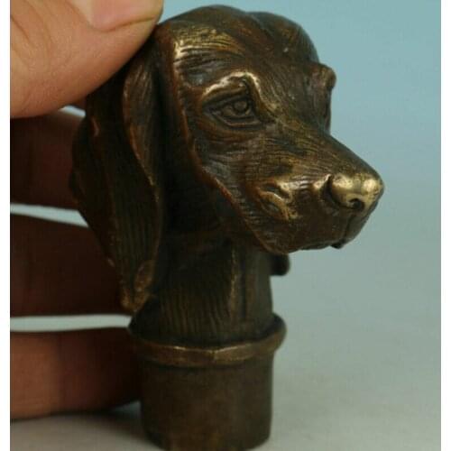 Chinese Old Bronze Hand Carved Animal Dog Head Statue Walking Stick Head