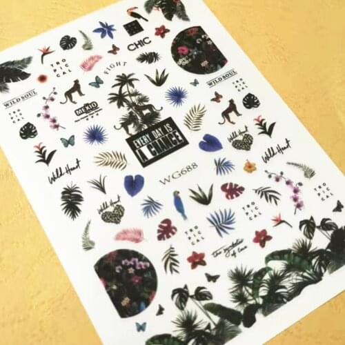 Newest GW688 green leaf pattern 3d nail sticker Japan style nail decal back glue DIY decorations wraps