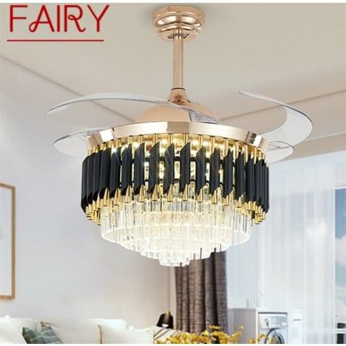 FAIRY New Ceiling Fan Light Invisible Luxury Crystal LED Lamp With Remote Control Modern For Home