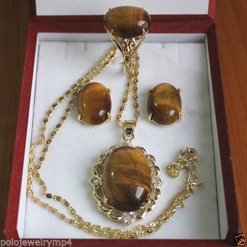 Wholesale price 16new +Jewelry Tiger Eye Stone Ring Earrings Pendant Set $30