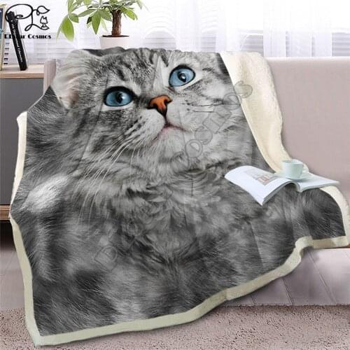 Gray Cat Throw Blanket on Bed 3D Animal Plush Sherpa Blanket Pet Siamese Bedspreads Fur Print Thin Quilt Drop Ship style-1