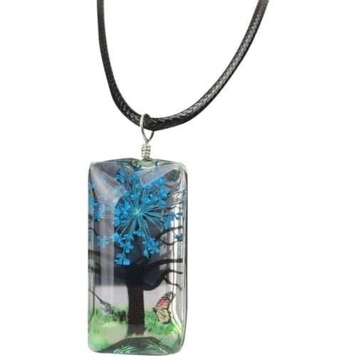 Rectangle Dandelion Colored Pendant Necklace Fashion Gem Dried Flower Glass Pendant Charm Necklace Dandelion Glass Necklace