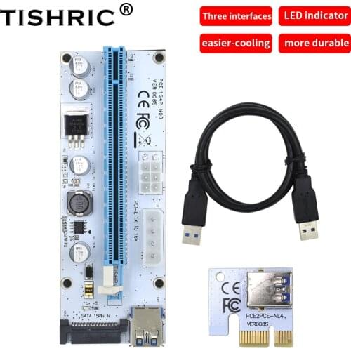 TISHRIC 3 In 1 Ver 008S Riser Card USB3.0 Cable 4/6/15 Pin Express 1X 4x 8x 16x Extender Riser Adapter Card For GPU Miner Mining