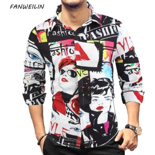 Mens Casual Anime Cartoon Beauty Printed Shirts Autumn New Fashion Long sleeve Nightclub Floral Shirt Men Camisa Social Blouses