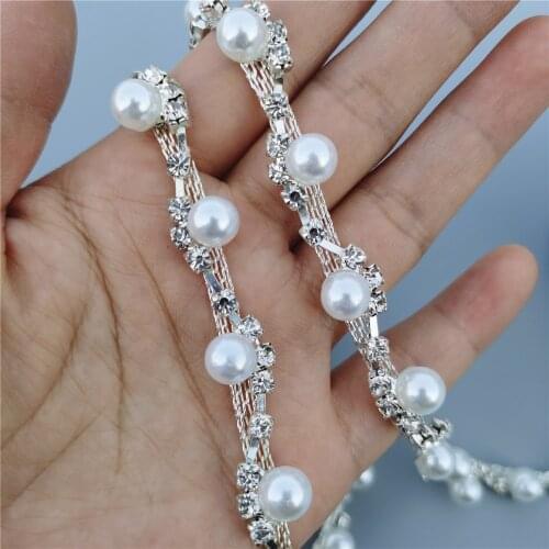 Pearl Crystal Chain S Curve Rhinestone Trim Ribbon Metal Chain for Dress Artcraft House Costume Sewing Decoration 10mm Wide