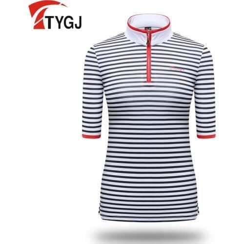 Women Short Sleeve Striped Golf Shirt Zipper Collar Training Tops Ladies Quick-dry Slim Golf T-shirts Apparel S-XL D0803
