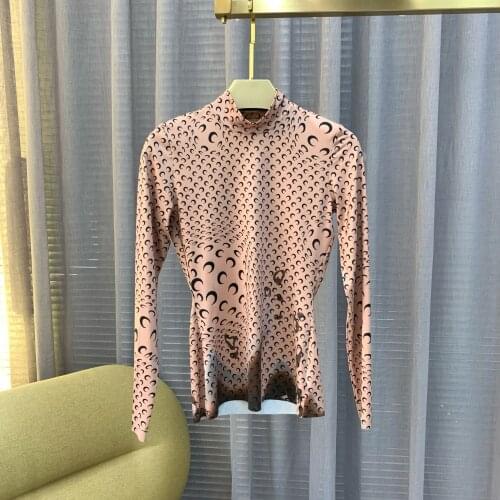 Moon Print T-shirt Womens O-neck Stitching Velvet Long Sleeve Tops 2021 New