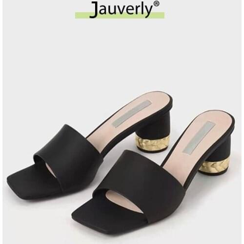 WomenS High-Heeled Slippers Fashion Thick-Heeled Sandals 2021 New Square Toe Open Toe Design Black Heeled Sandals & Slippers