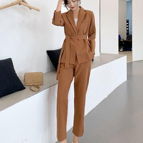 SHTONGHUA Woman Costume Pant Suit 2 Piece Office Trousers Set Suits the Feminine Khaki Blazer Jacket +Long Pant Suit Woman