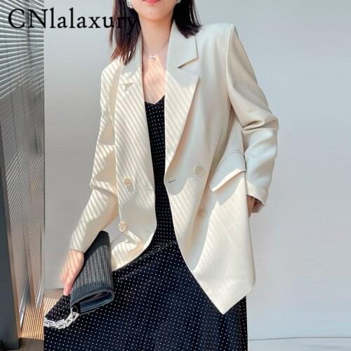 Women 2021 Fashion Office Wear Double Breasted White Blazer Coat Vintage Long Sleeve Jacket Pockets Female Outerwear Chic Tops