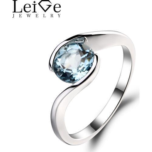 Leige Jewelry 1.3ct Natural Aquamarine Solid 925 Sterling Silver Ring Blue Fine Gemstone Birthstone Wedding Rings for Women