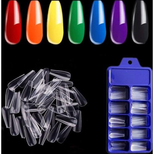 100Pcs/Box Colorful Long Coffin Nail Art Tips Ballerina Fake Nails Press on Nails Full Cover Wear Tips Clear Fasle Nails Tr#64
