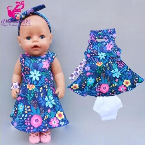 43cm 40cm baby doll blue flower dress handbands wrist underpants 18inch american generation girl doll dress four in one set