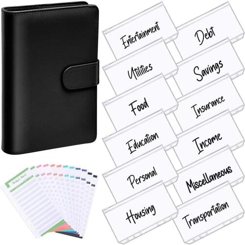 A6 PU Leather Notebook Budget Binder, 6 Ring Binder Cover Magnetic Personal Planner Binder with 12Pcs Binder Pockets and 12 Pcs