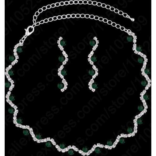 Fast Shipping 925 Serling Silver Necklace+Earrings Wedding Jewelry Sets CZ Green Color Crystal Wedding Accessories