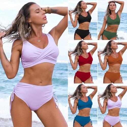 Women Sexy Bikini 2 Piece Push Up Sports Top with Tie Up High Waist Panty Tankini Solid Color Bathing Suit Beachwear