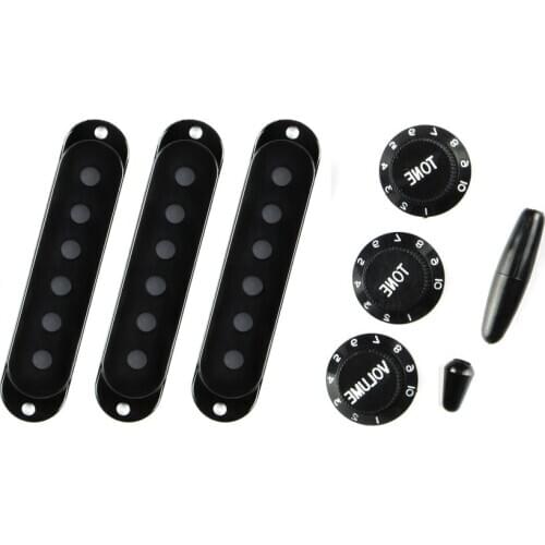 FLEOR Set of Plastic Black Guitar Single Coil Pickup Covers 2T1V Knobs Switch Tip Whammy Bar Tip for ST