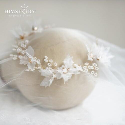 HIMSTORY 2019 Gorgeous Silk Yarn Floral Bridal Headpiece Pearls Hair Jewelry Silver Color Wedding Accessories