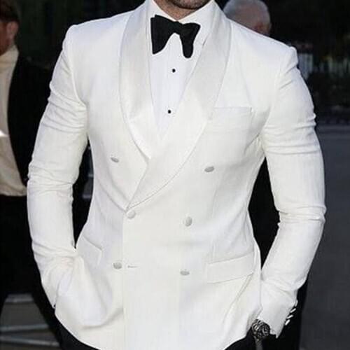 White Men Suits with Double Breasted Mens Custom Made Stage Clothes for Wedding Groom Tuxedos 2 Piece Set Jacket Black Pants