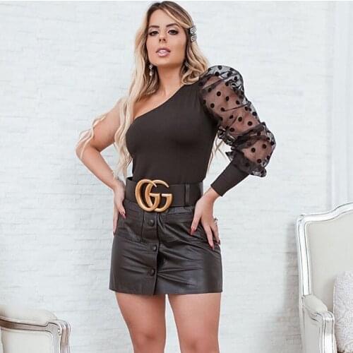 Fashion Women Dot Puff Sleeve Shirts Tops Summer One Shoulder Long Sleeve Slim Blouse Office Pullover Blouse Streetwear Clothing