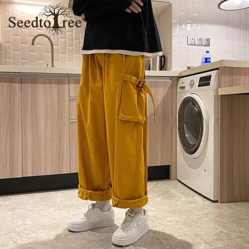 Mens New Korean Fashion Casual Pants Solid Color Loose Trousers Overalls Big Pocket Ankle Length Cargo Pants