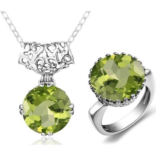 Szjinao Luxury Jewelry Sets Genuine 925 Sterling Silver Gemstone Green Peridot Vintage Pendant Ring Set Silver 925 Jewelry Gift