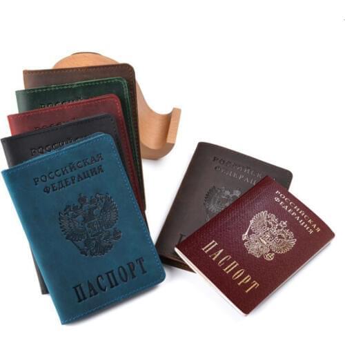 100% Genuine Leather Mans Passport Cover Russia Natural Crazy Horse Leather Business Card Holder Travel Case Wallet For Women