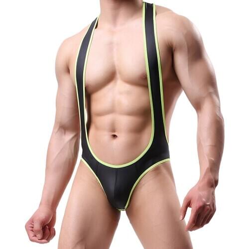 Sexy Men Undershirt PU Leather Wrestling Singlet Open Butt Bikini Jumpsuit Suspender Teddies Underwear One-Piece Bodysuit