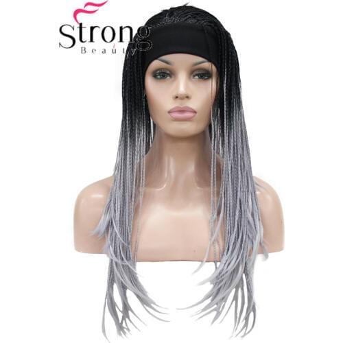 StrongBeauty Long Gray With Dark Roots Ombre Braided 3/4 HEADBAND Full Synthetic Wig Box Braids Wig Coverage Wigs COLOUR CHOICES