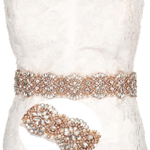 YANSTAR Bridal Rhinestone Wedding Belts Rose Gold Crystal 46CM Length Iron On Ribbons With Box For Bridal Gowns