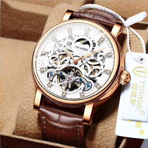 TEVISE Men`s Watch Leather Mechanical Wristwatch Automatic Movement Sport Watches Skeleton Tourbillon Moon Phase Reloj Hombre