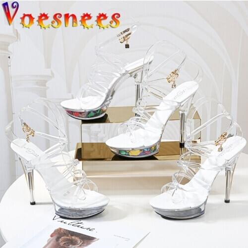 Voesnees New Women Sandals Model T Station Catwalk Sexy Crystal Shoes 13 CM High Heels Waterproof Sandals Cross strap Shoes