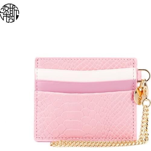 Zenos Mix Pattern Candy Color Pink Snake Skin ID Card Case Wallet Purse Casual Business Card Case With Chain Strap