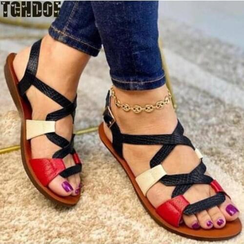 Woman Summer Pu Leather Vintage Sandals Buckle Casual Sewing Women Shoes Female Peas Shoes Ladies Platform 35-43 Plus Size