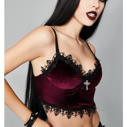 Women Backless Sexy Strap Tanks gothic tops Velvet Y2K Mall Goth Crop Tops Black Lace Trim Emo Alternative Aesthetic Crop Tops