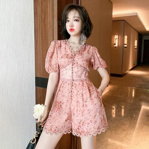 Awarose V-Neck Lace Patchwork Button High Waist Slim Jumpsuit Women Summer Floral Print Pocket Wide Leg Shorts Fashion Playsuit