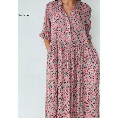 Floral Print Dress Women Summer Bohemian Short Sleeve Woman Dress Maxi Pink A-Line Ruffles Dresses for Women 2021 Robe