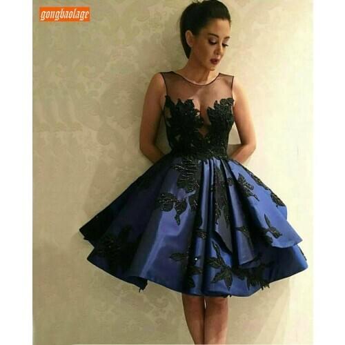 Fashion Boho Royal Blue Short Prom Dresses O Neck Appliqued Lace Women Formal Dress Banquet Knee Length Customized Cocktail Gown