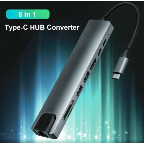 1 Pcs Portable 8-in-1 Type-C Hub Converter Splitter Computer Peripherals 4K HDMI-compatible USB 3.0 Card Reader RJ45 Adapter