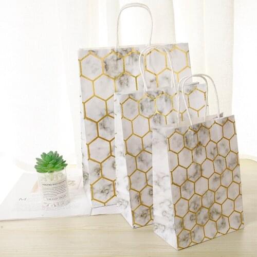 10pcs/lot 25x18x10cm Bronzing Printed Marble Paper Bag With Handles Packing Bag Kraft paper Decoration Multifunction Gift Bags