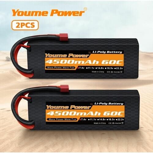 2packs RC Battery 7.4v 4500mah 2s Lipo 60C Hard Case with T Plug for Traxxa 1/10 1/8 Scale Buggy Car Truck Boat Heli Drone