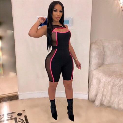 2020 Sexy Women Sleeveless Mesh Patchwork Jumpsuit See Through Bodysuit One-piece Cut Off Hole Rompers Beach Sports Playsuit