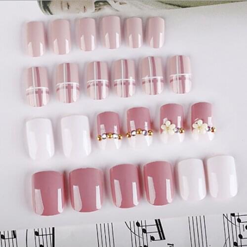 24Pcs Acrylic UV Gel Full French Fake Nail Art Tips Tools Gold Flower/Silver White And Carved Hollow False Nails