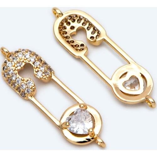 4pcs CZ Paved Safety Pin Connectors 23x6.5mm, Gold Plated Brass Charm Pendants (GB-1827)
